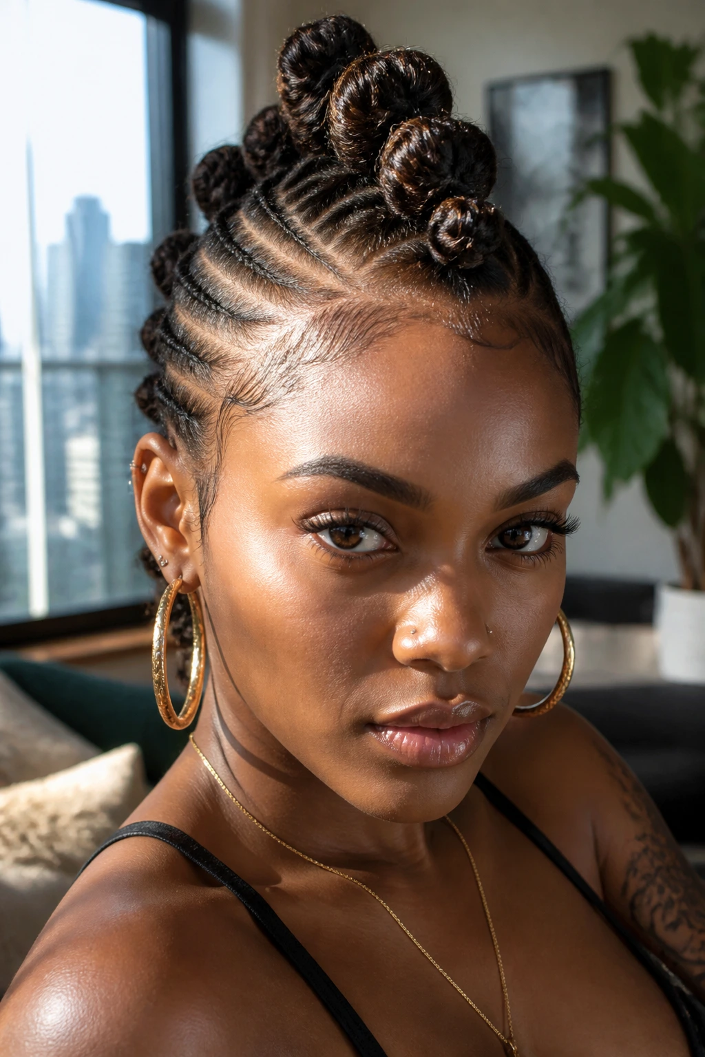 Close-up of a real woman with a Bantu Knot Frohawk featuring center knots and sleek sides