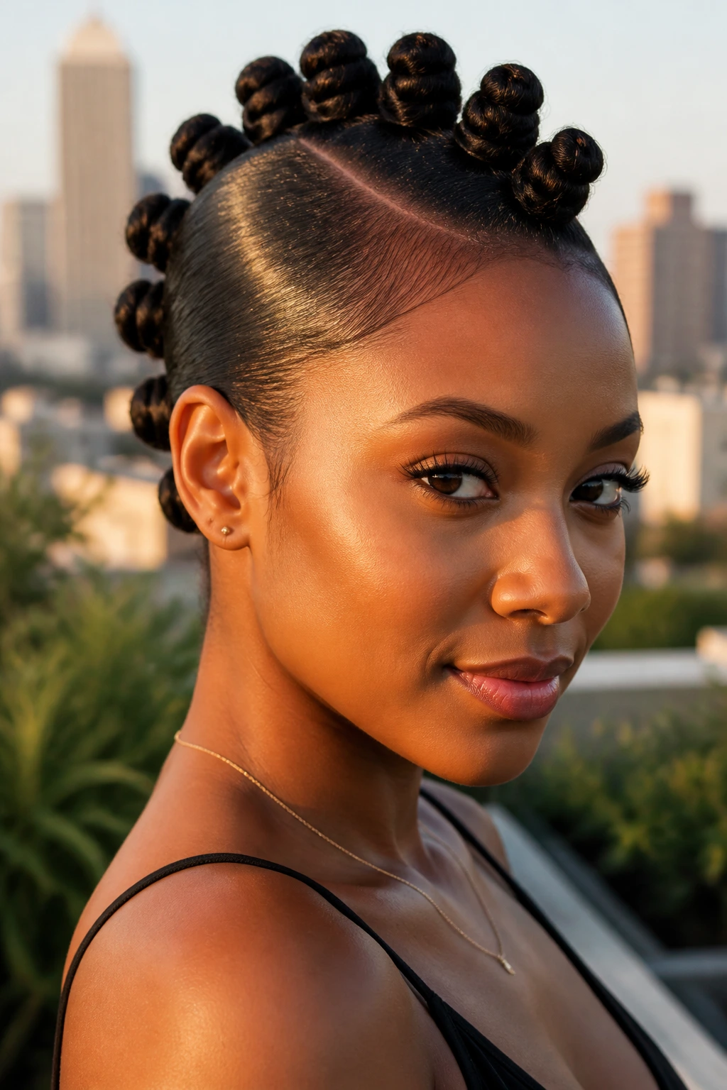 Close-up of a real person with a row of uniform bantu knots forming a frohawk.