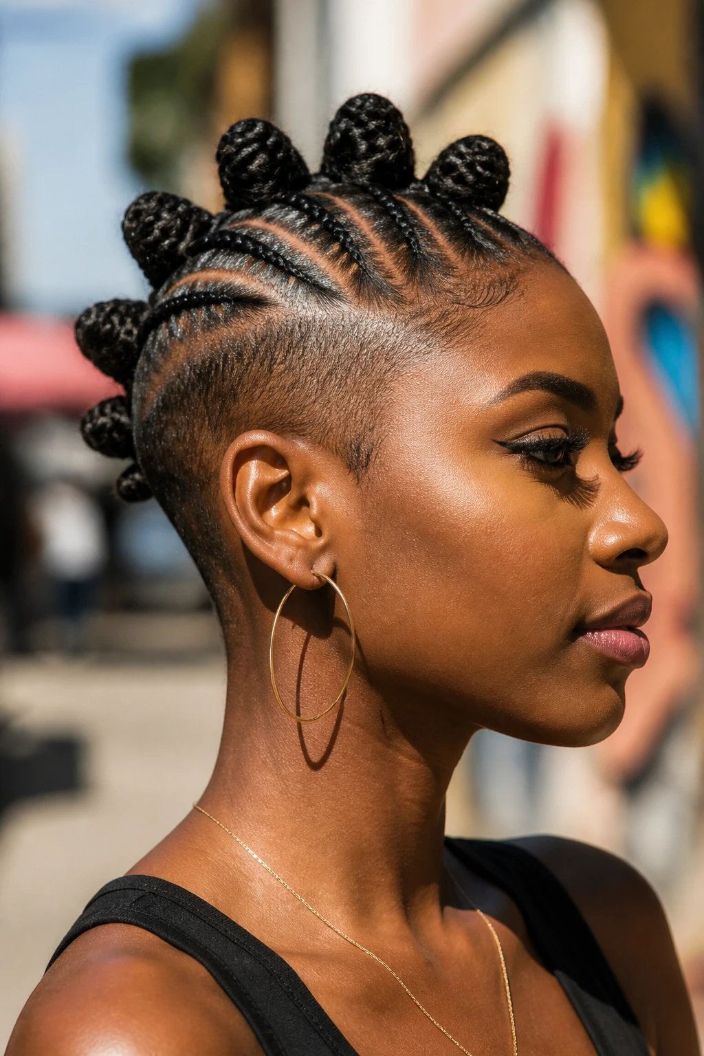 Portrait of a real person with bantu-knot hawk on short natural hair in sunlight