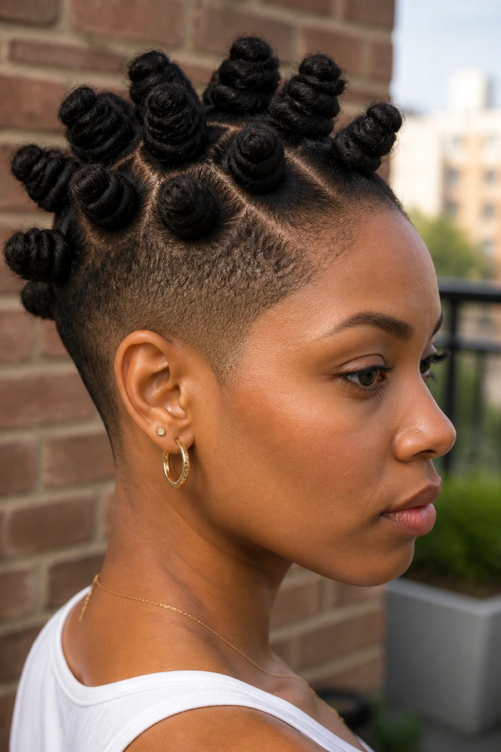 Real Black woman with bantu knot hawk and soft fade on sides outdoors
