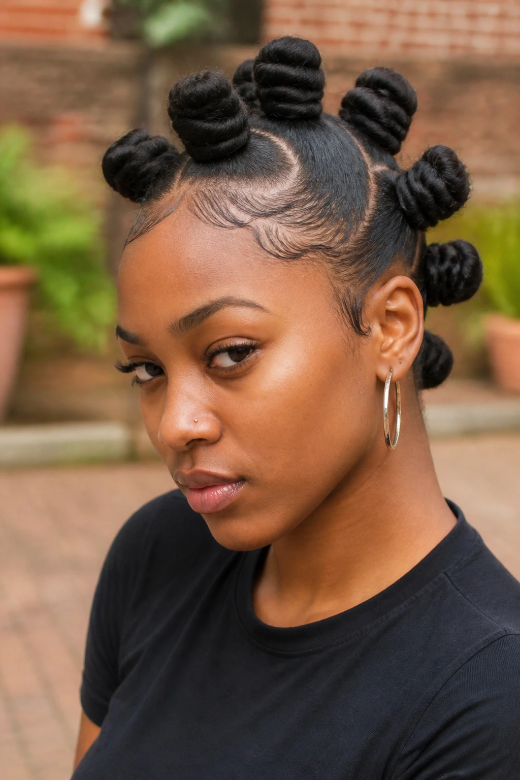 Close-up of a real person with a bantu knot hawk along the centerline