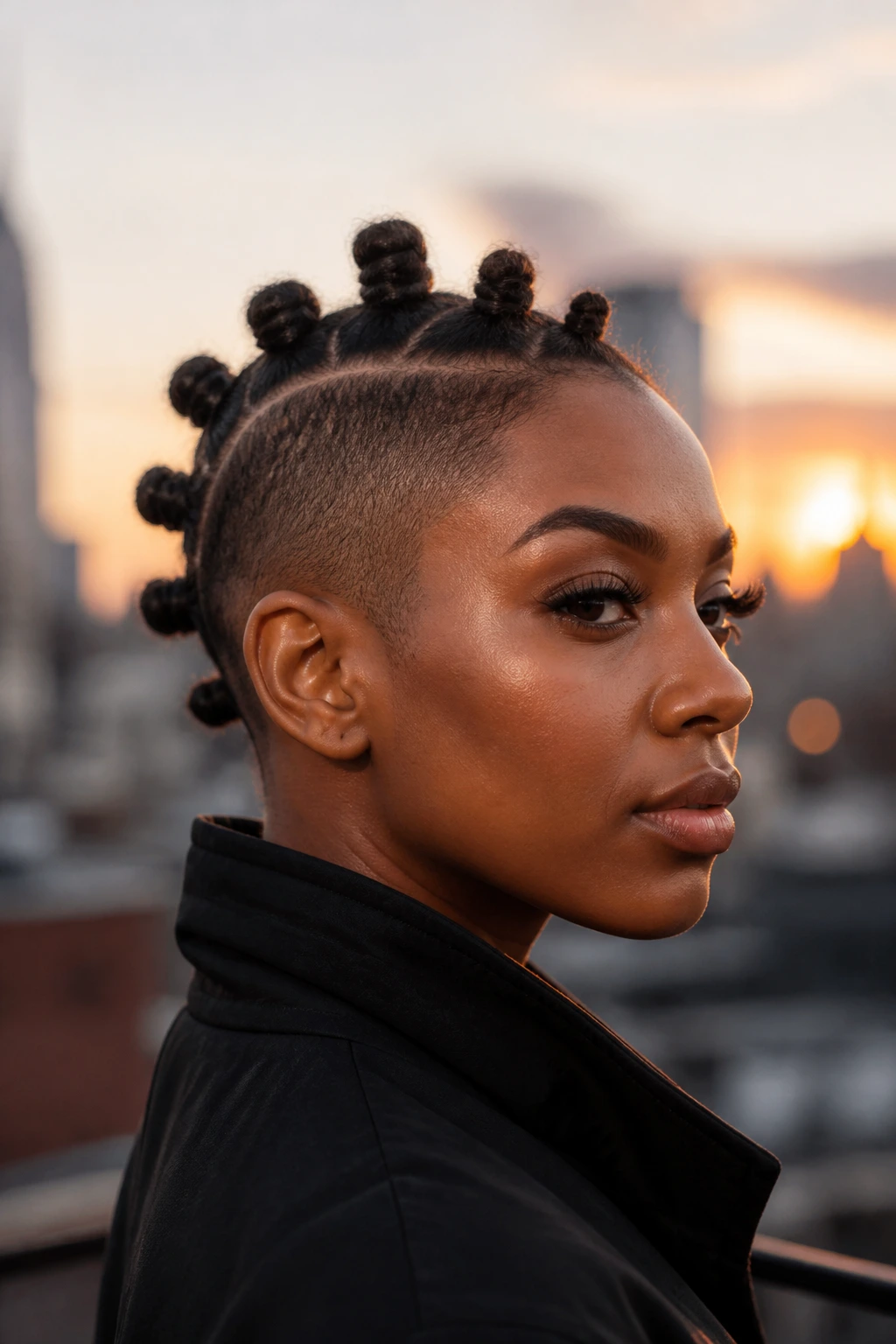 Portrait of a woman with a Bantu knot hawk