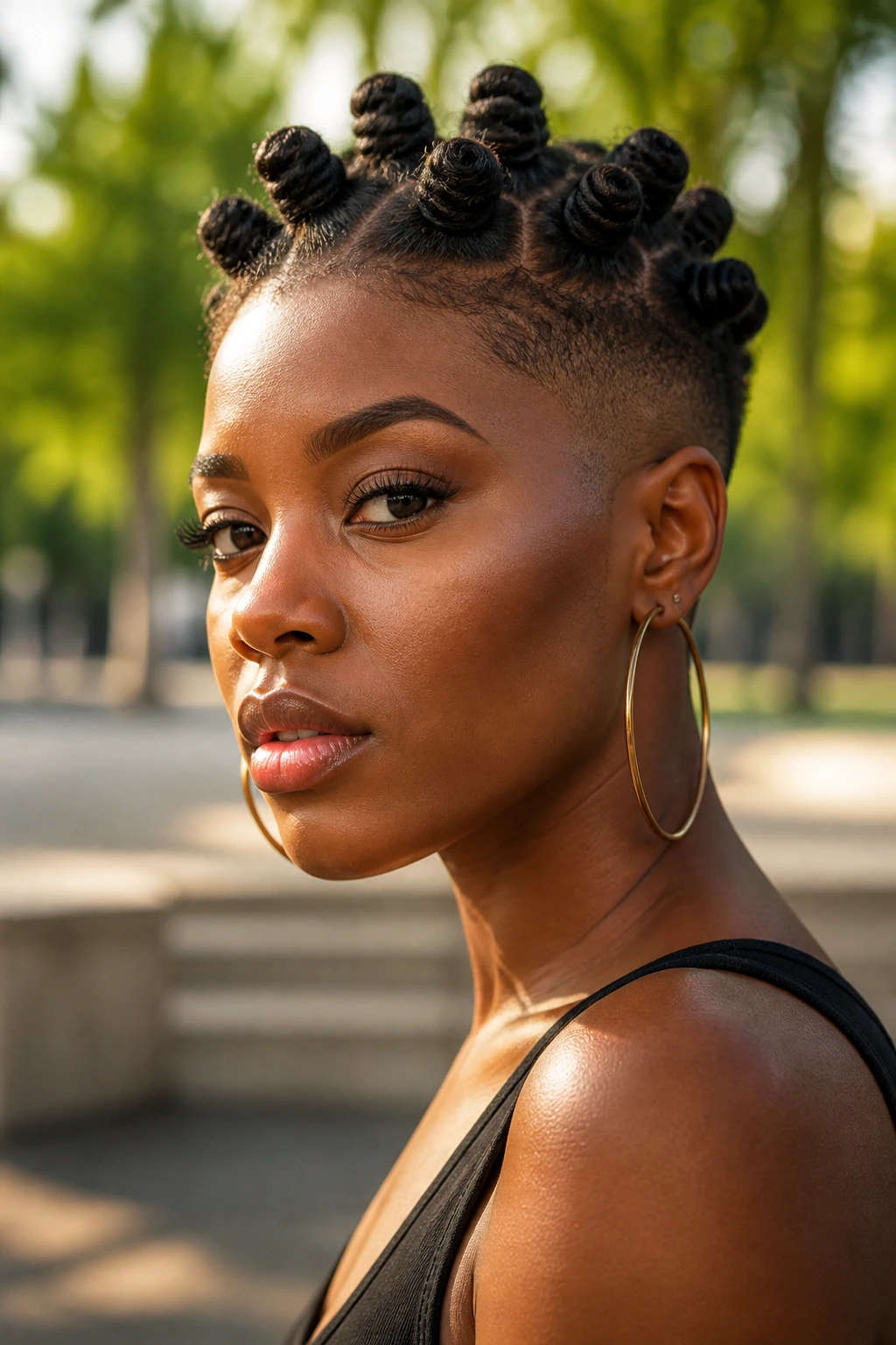 Close-up portrait of a real Black woman with bantu knot high top fade