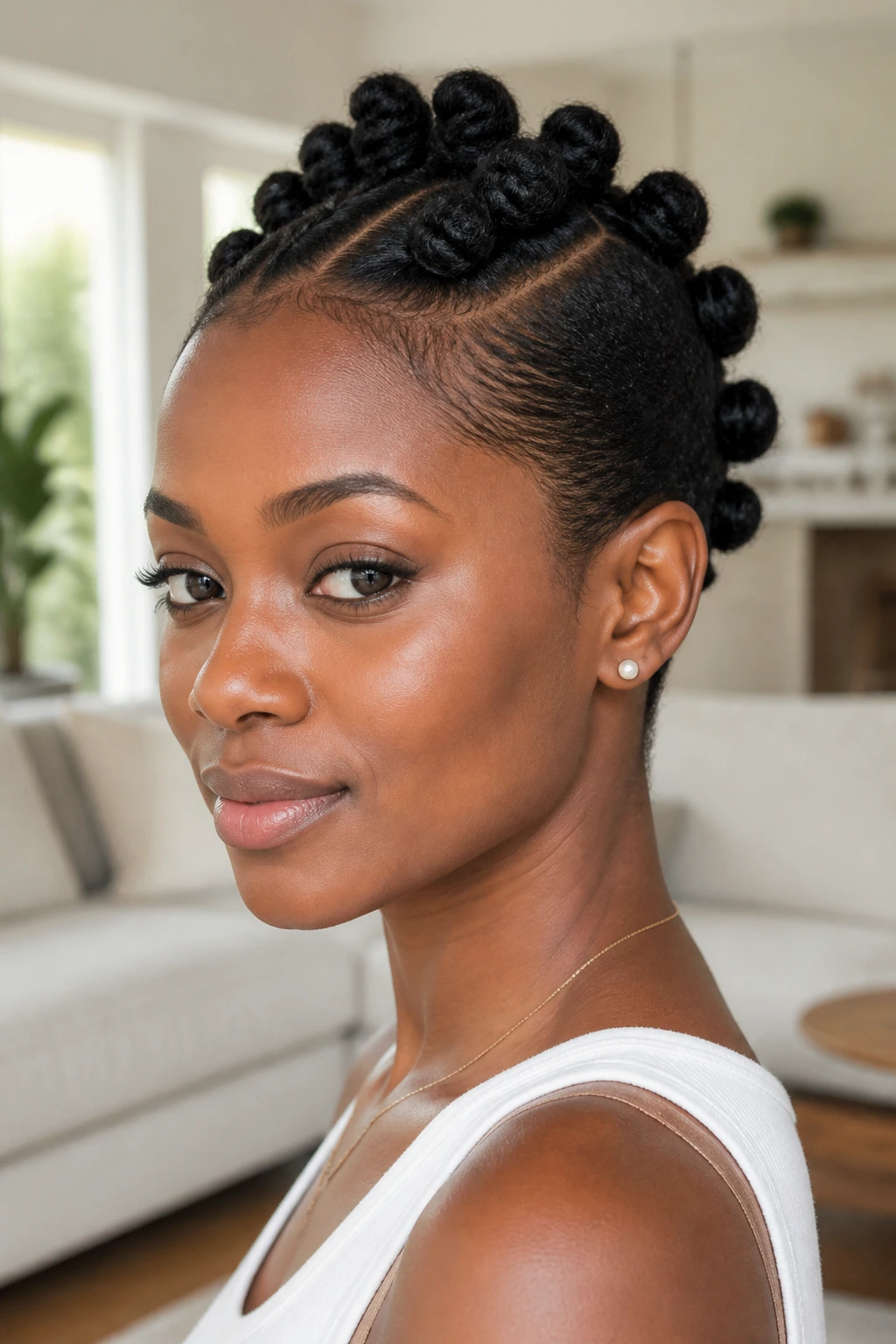 Close-up of a person with a Bantu knot mohawk on short hair