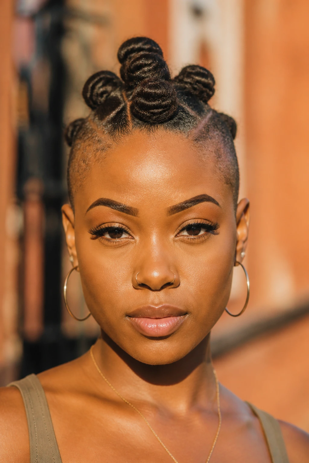 Close-up portrait of a real Black woman with bantu knot mohawk against a warm urban backdrop