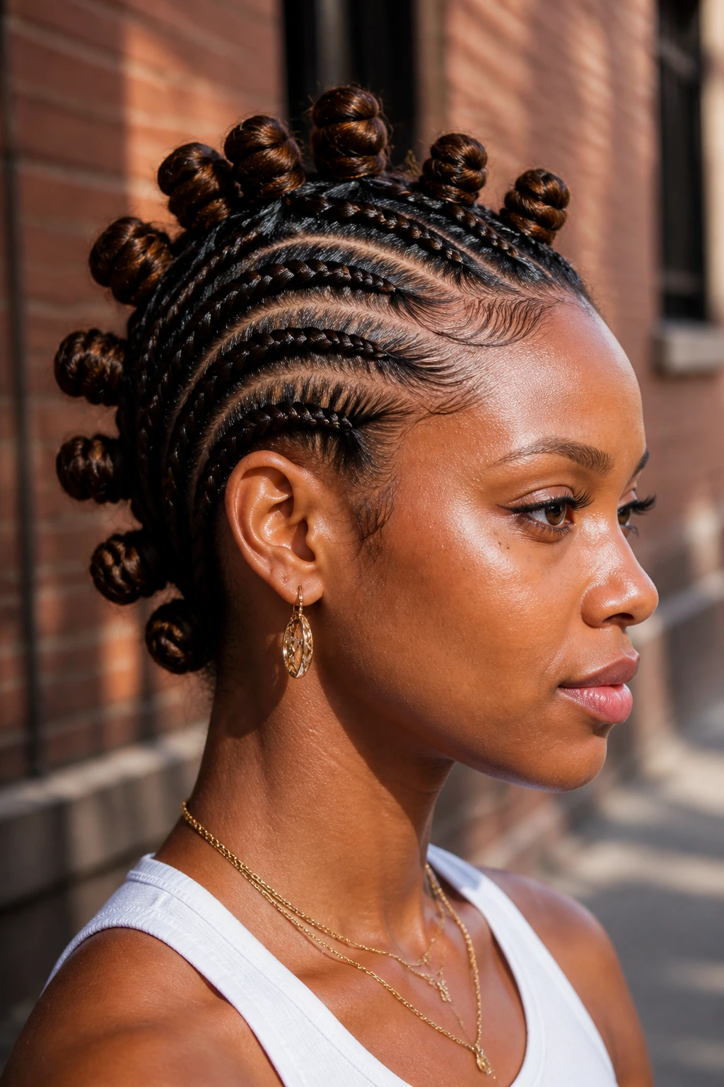 Close-up of a real person with Mohawk with Bantu Knot Ends hairstyle.