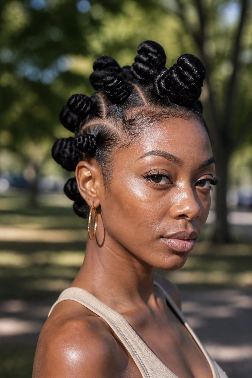 Close-up of a woman with bantu knot mohawk and sculpted front crown.