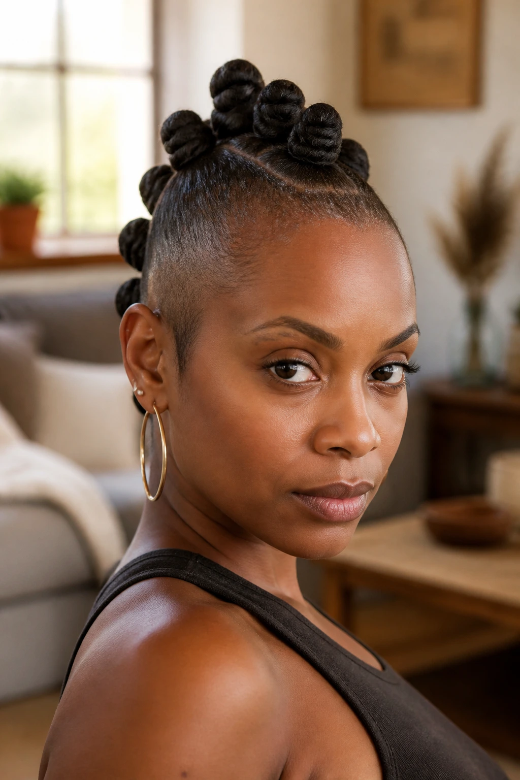 Close-up portrait of a real woman with a center row of Bantu knots mohawk