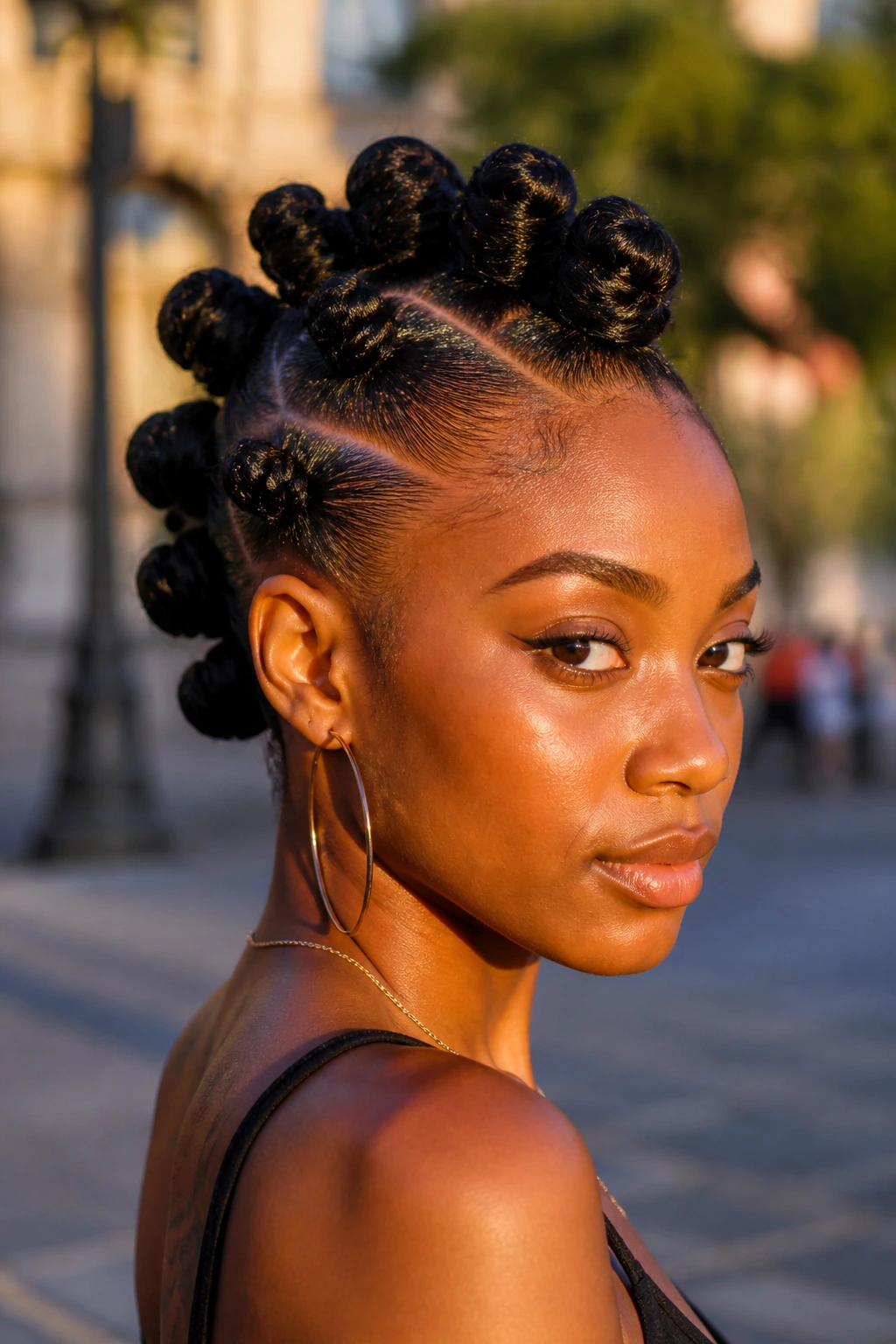Close-up portrait of a real woman with a bold Bantu knot mohawk.