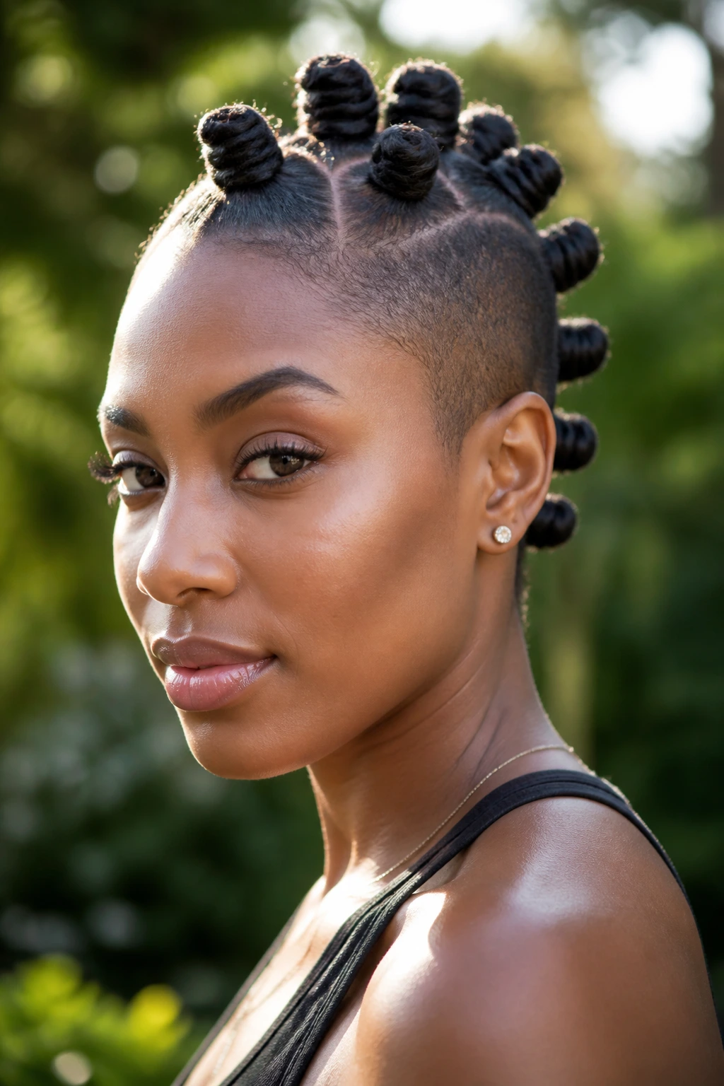 Close-up portrait of a real woman with a bantu-knot mohawk
