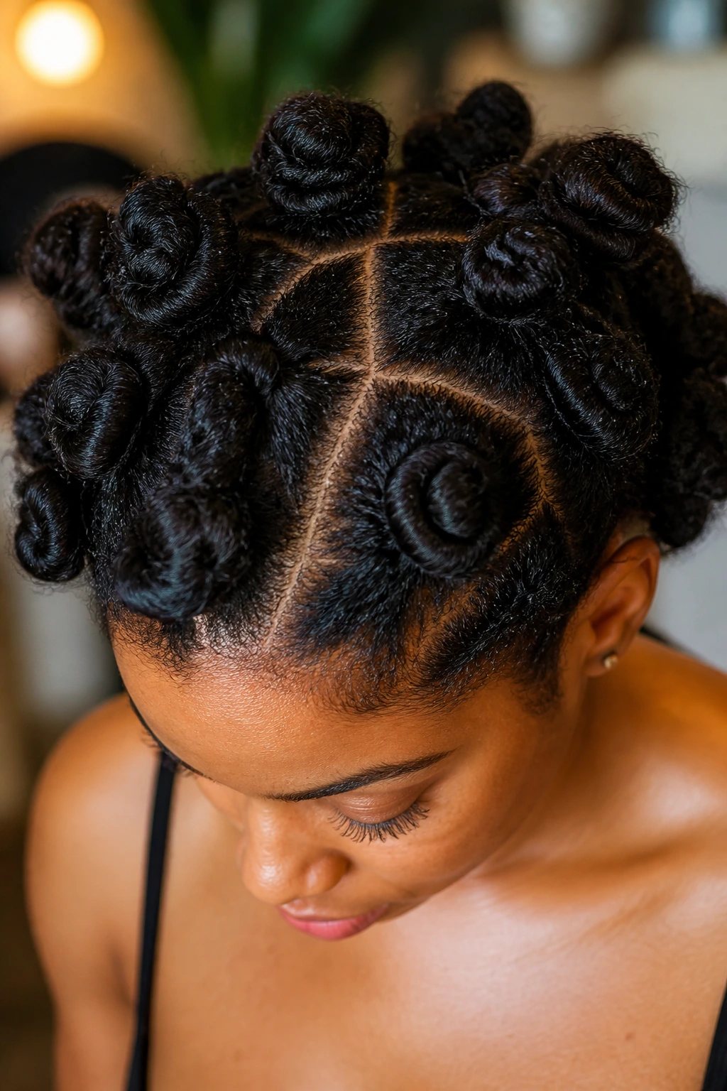 Close-up of chunky bantu knots on a real person