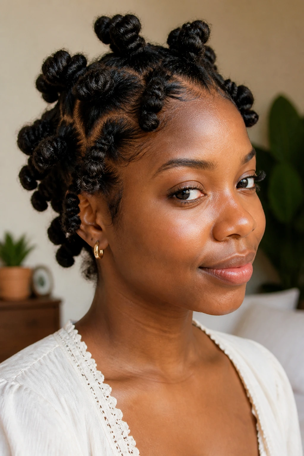 Close-up of long hair in medium Bantu knots on a real person