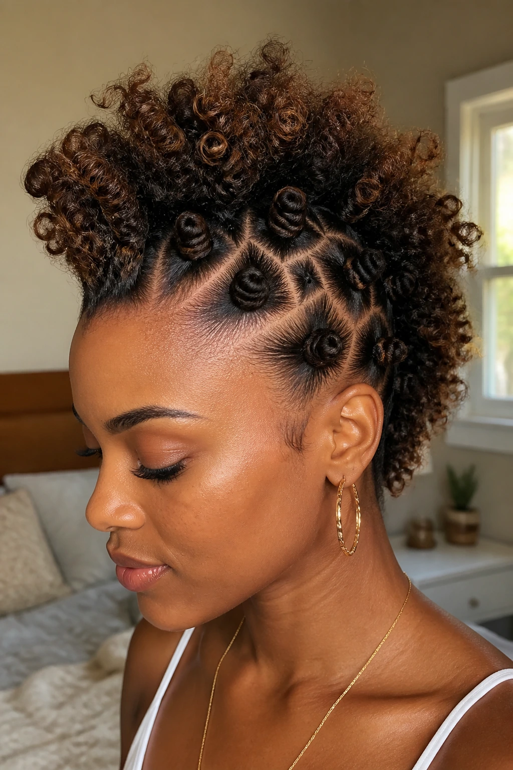 Close-up portrait of a real Black woman with a Bantu Knot-Out Mohawk and plush center ridge.