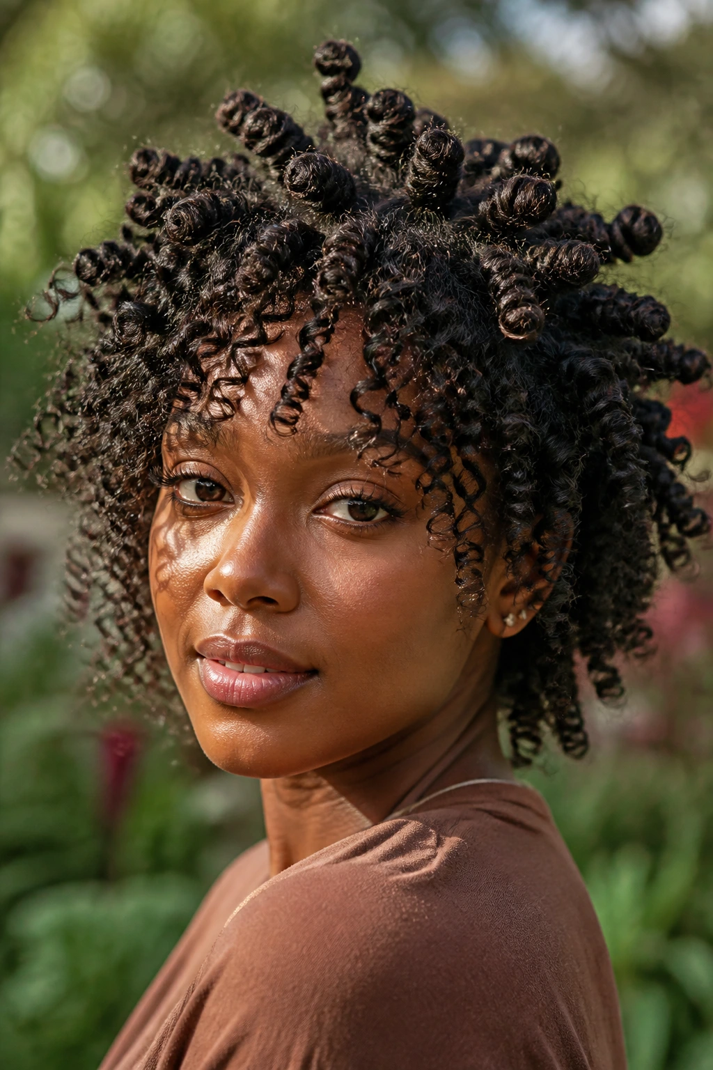 Close-up of a real Black woman with a Bantu-Knot-Out shag featuring floating layers