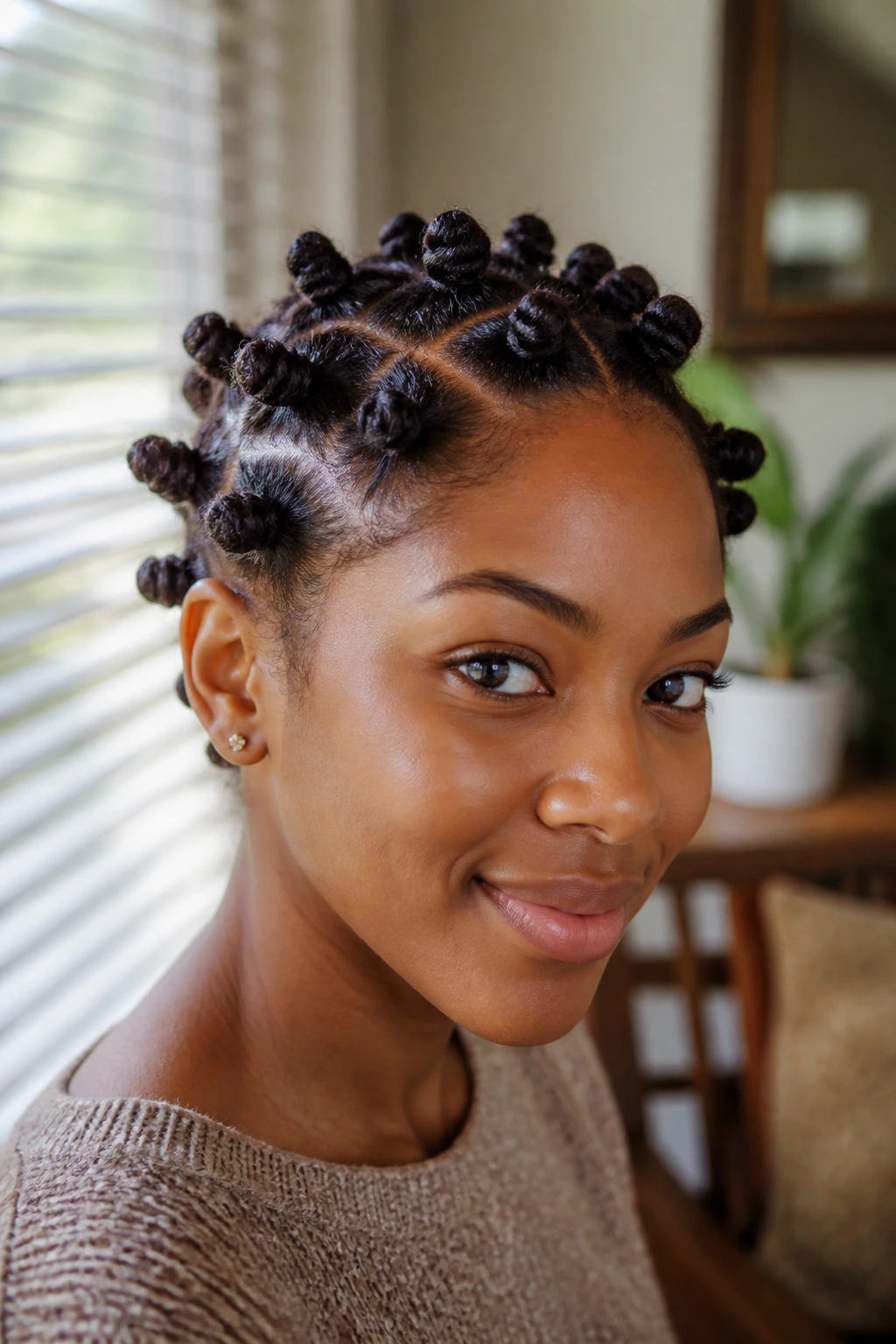 Close-up portrait of a real woman with multiple bantu knots on short hair.