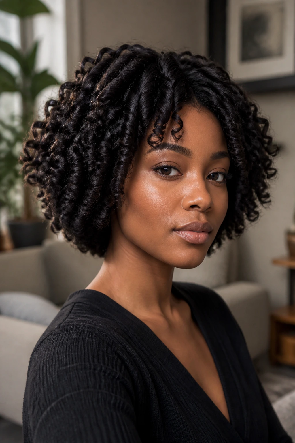 Close-up of a real woman with a Bantu knot-out forming a fluffy chin-length bob in natural light