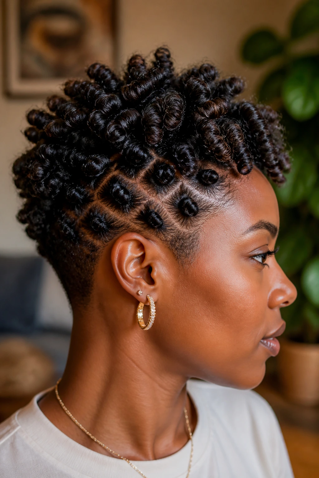 Close-up of a real person with bantu knot-out texture and defined curls in a warm living room