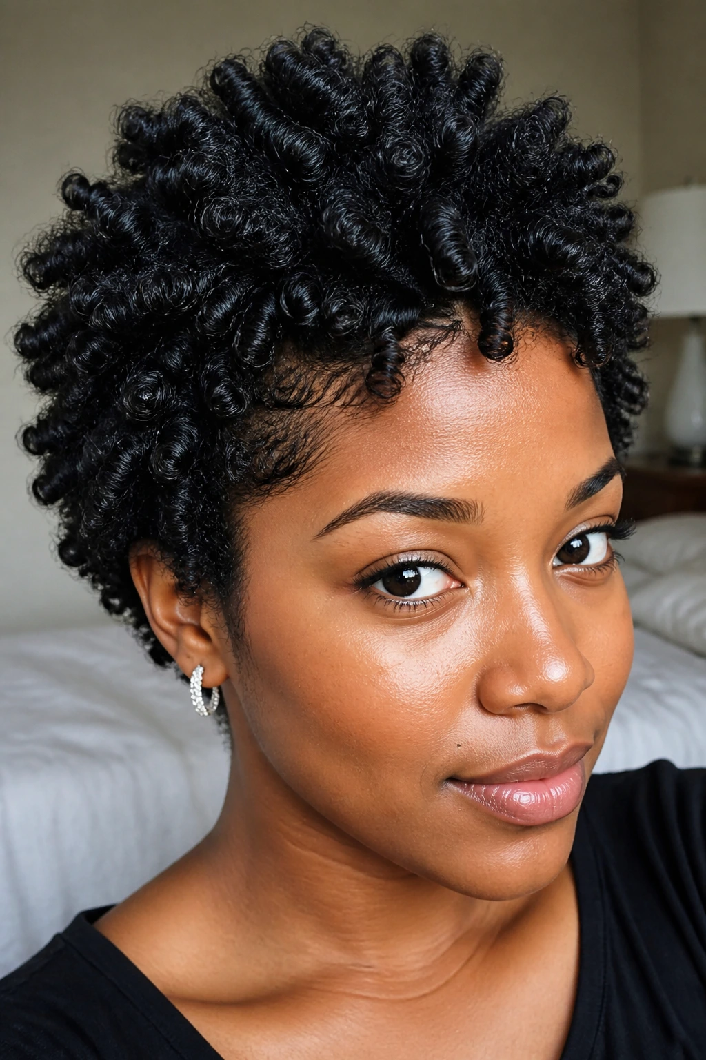 Close-up of a Black woman showing bantu knot-out texture on short hair.