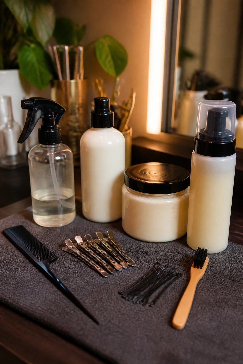 Tools for Bantu knots neatly arranged on a vanity