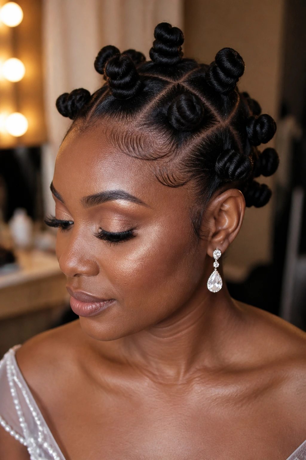Close-up of real bride with bantu knot updo hairstyle