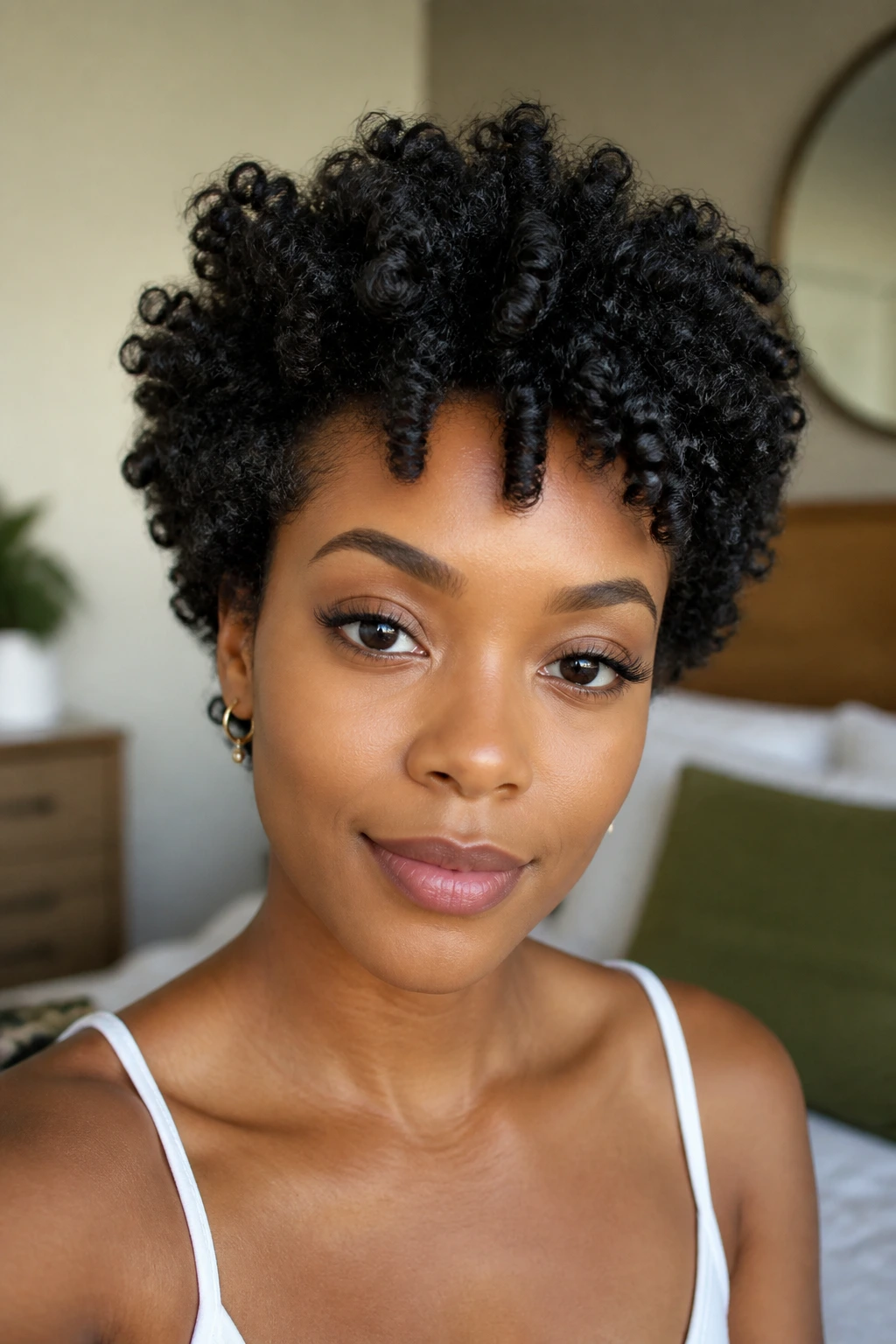 Close-up of a Black woman with bantu knot-out giving soft crown volume