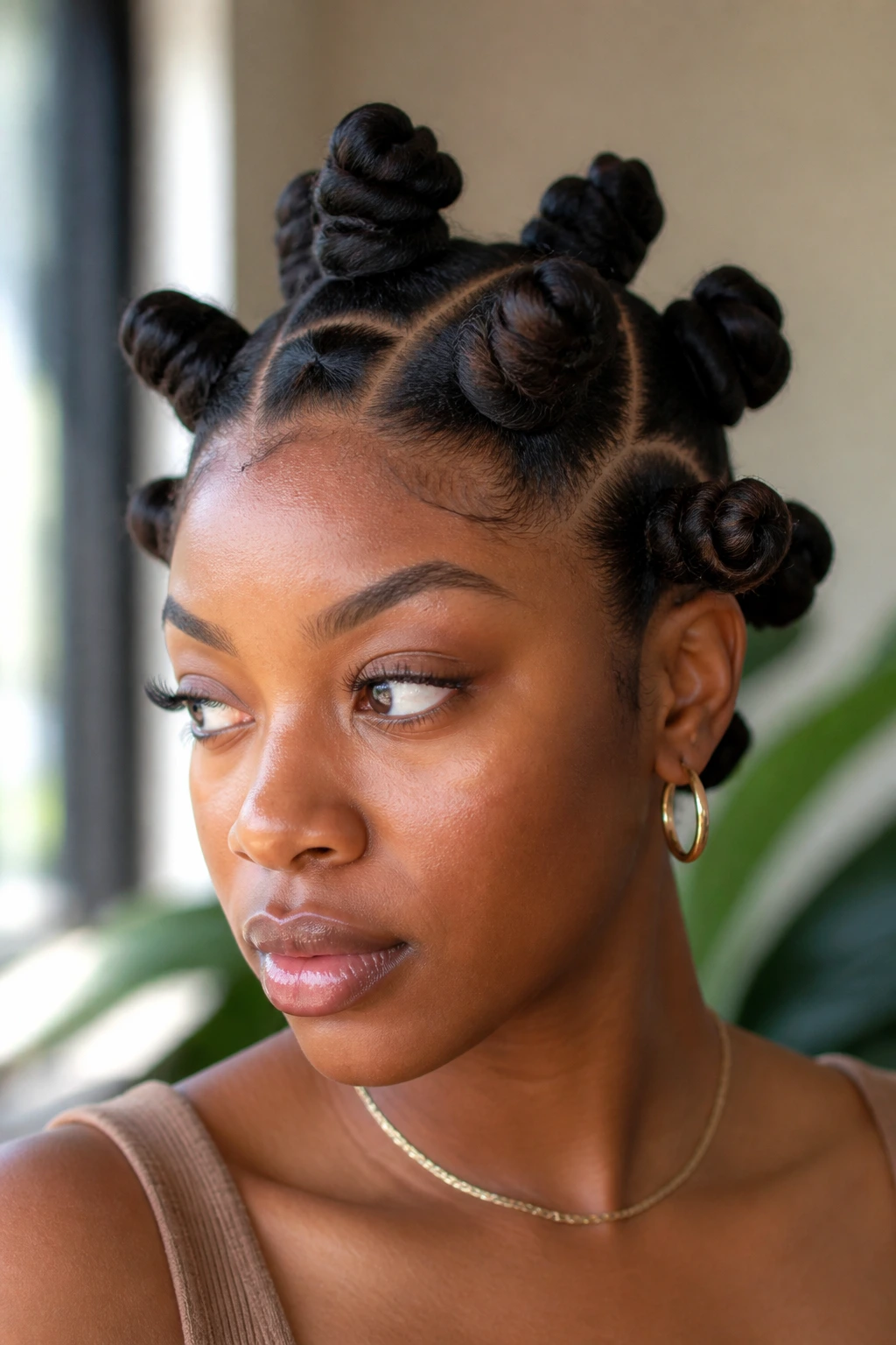 Three-quarter view of a person with Bantu knots showing varied knot placement and angles