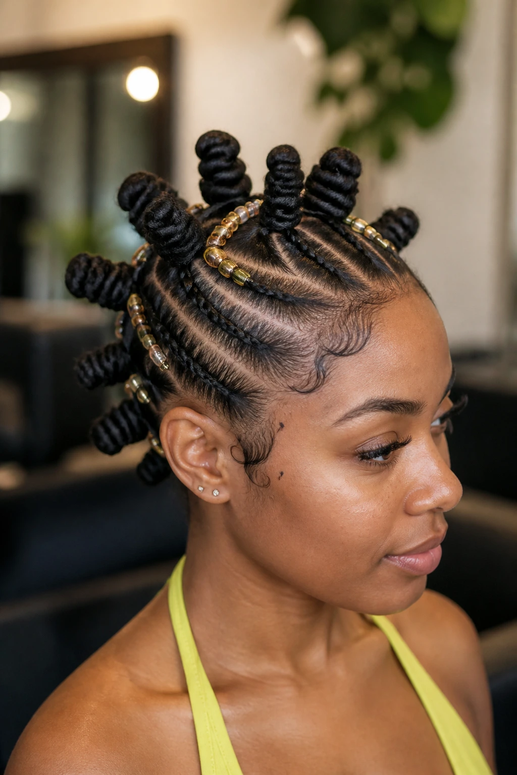 Real person with bead-wrapped Bantu knots and cornrow feed-ins beads along feed-ins