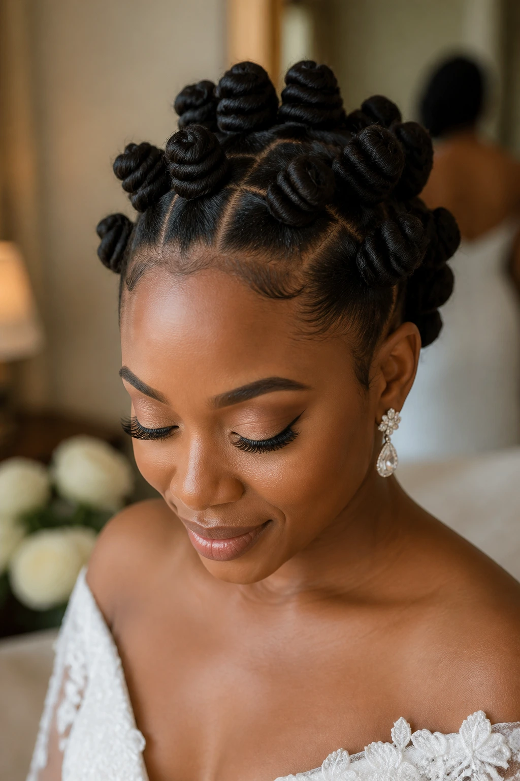 Close-up of real bride with neat Bantu knot updo