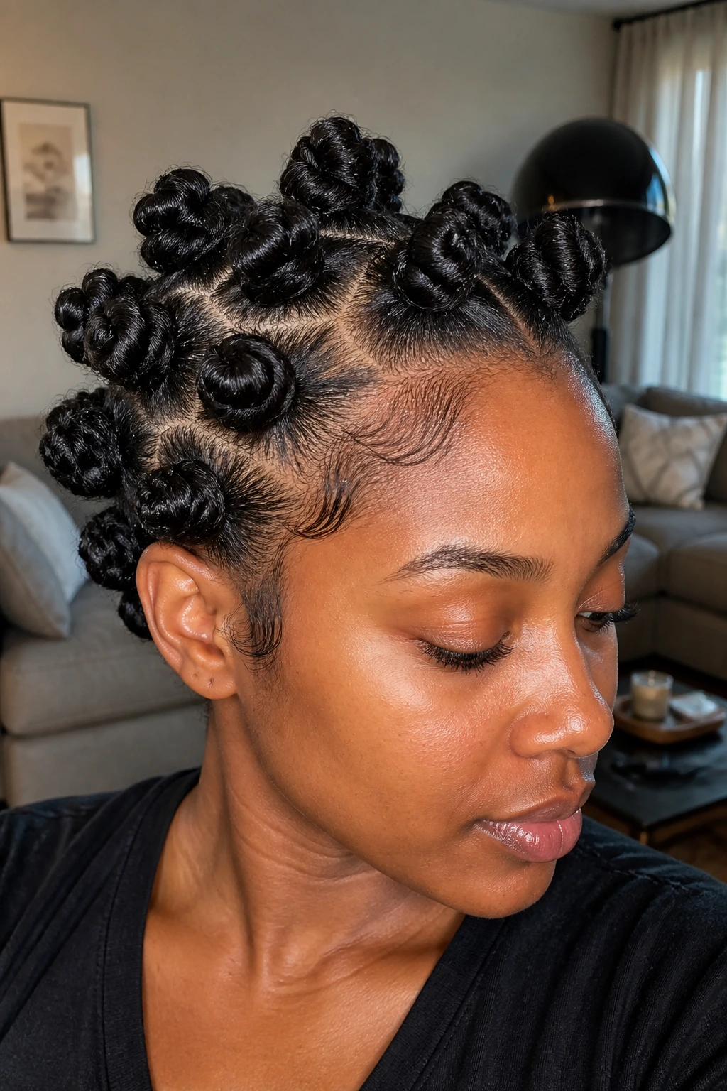Close-up of a real woman with bantu knots all over the head