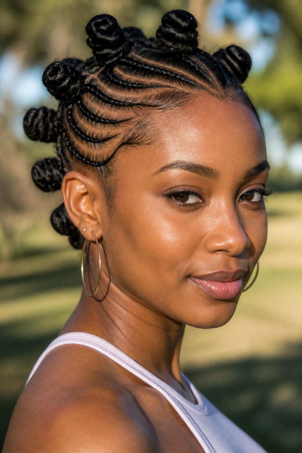 Close-up of a real woman with side cornrows leading into Bantu knots