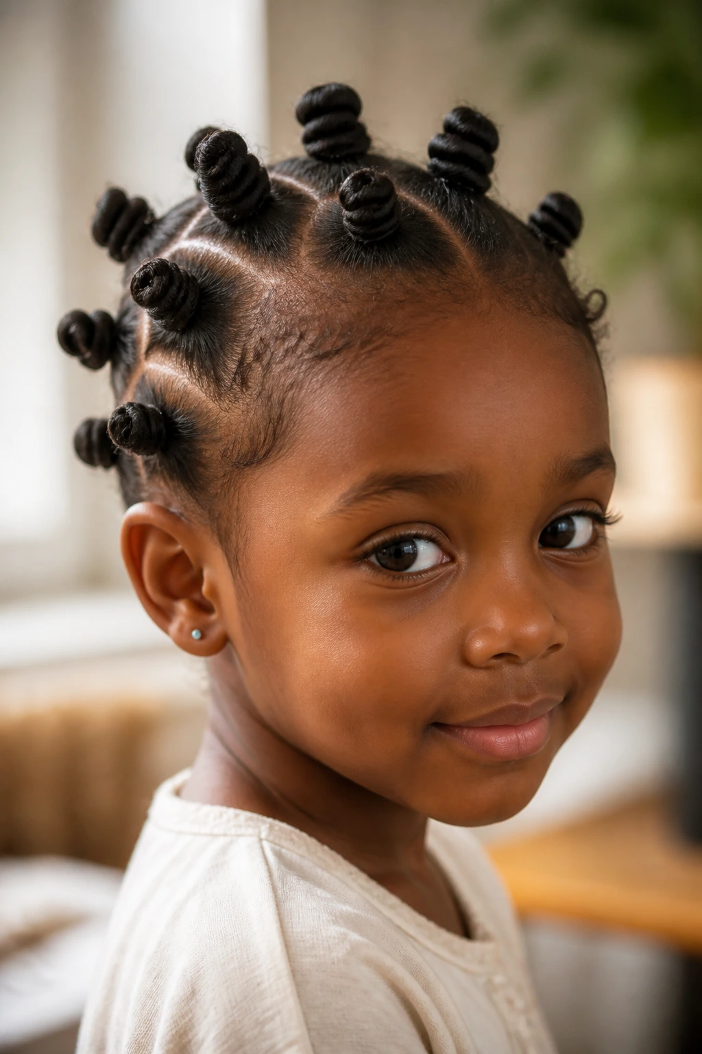 Close-up of a real girl with bantu knots across the crown in natural window light