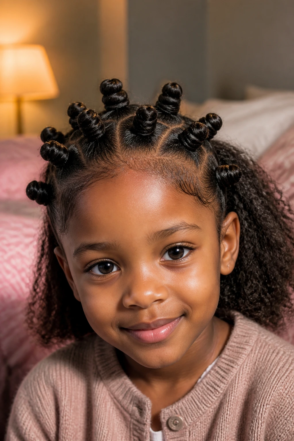 Close-up of a girl with a bantu knot crown hairstyle