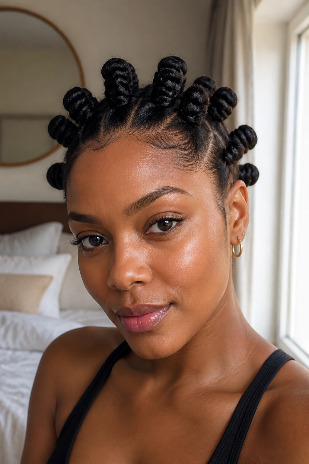 Close-up of a real person with a crown of bantu knots around the crown on short curly hair