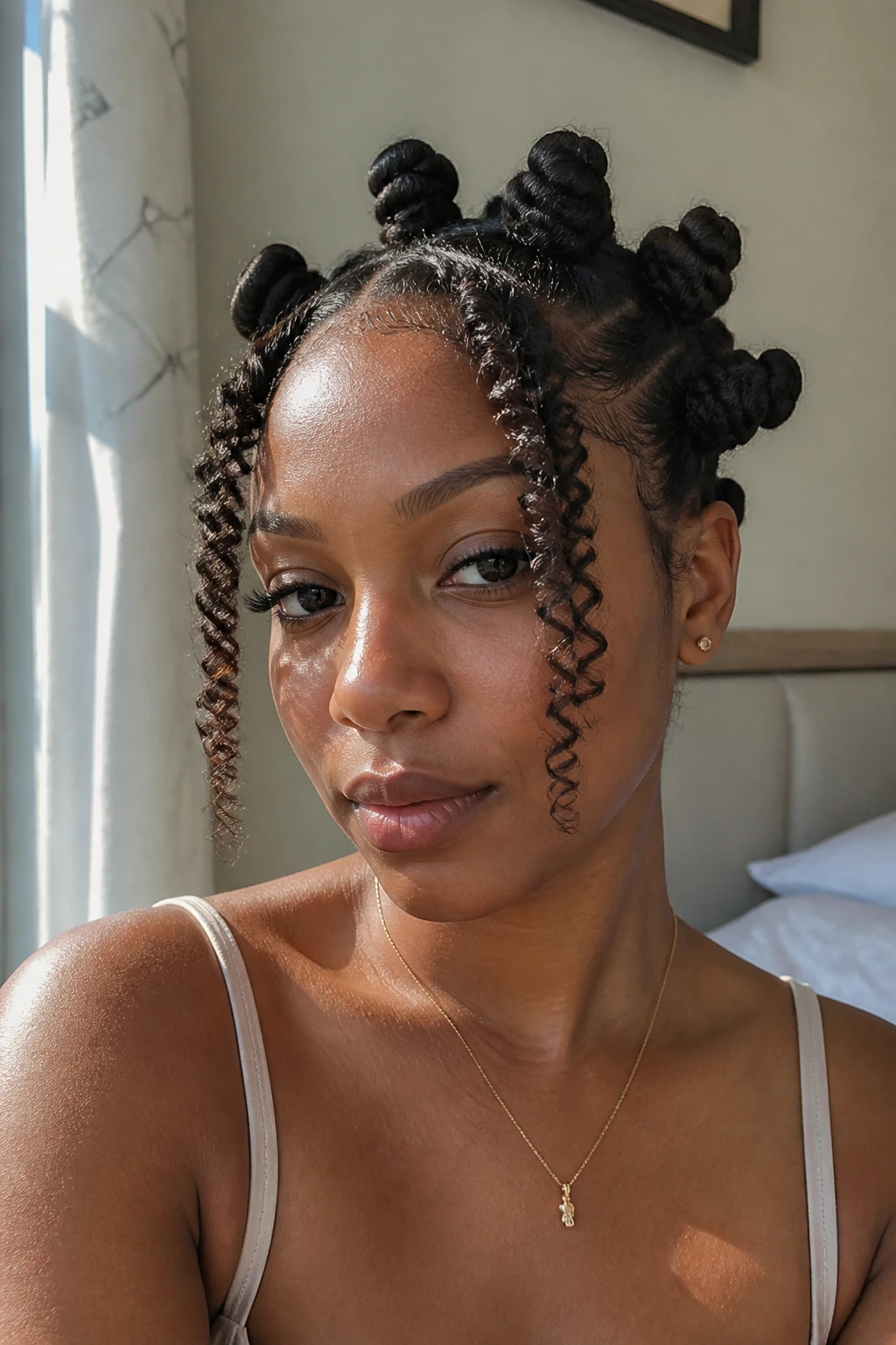 Real woman with face-framing curly bangs and Bantu knots in natural light