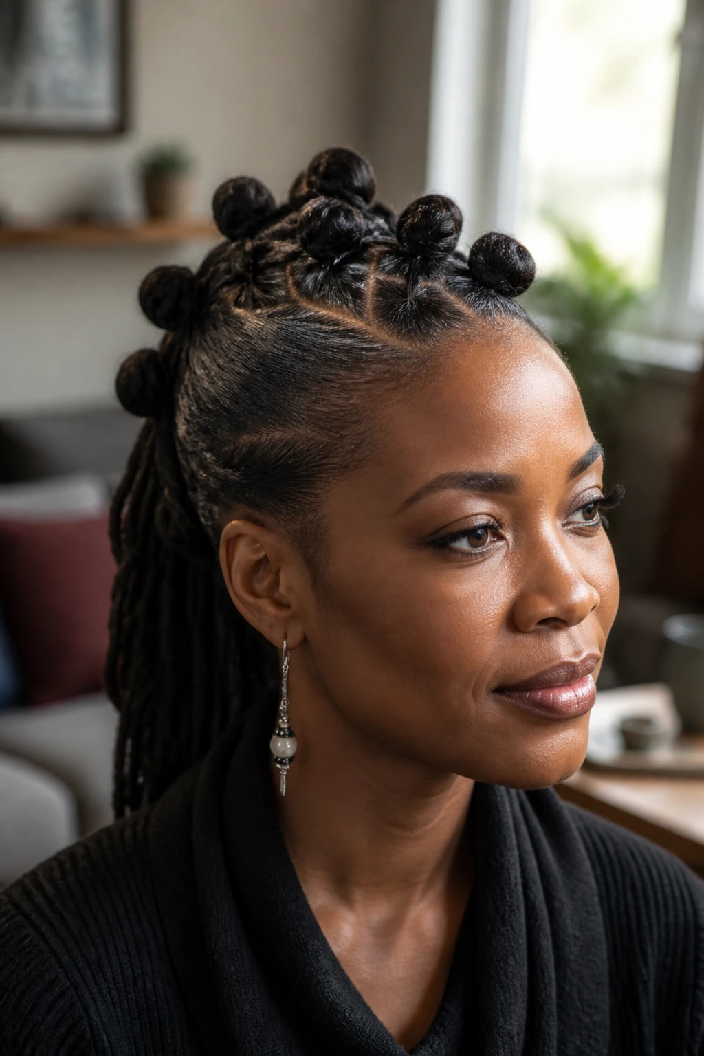 Close-up of a real person with a Bantu-Knot Crown Mohawk featuring small knots and sleek side locs