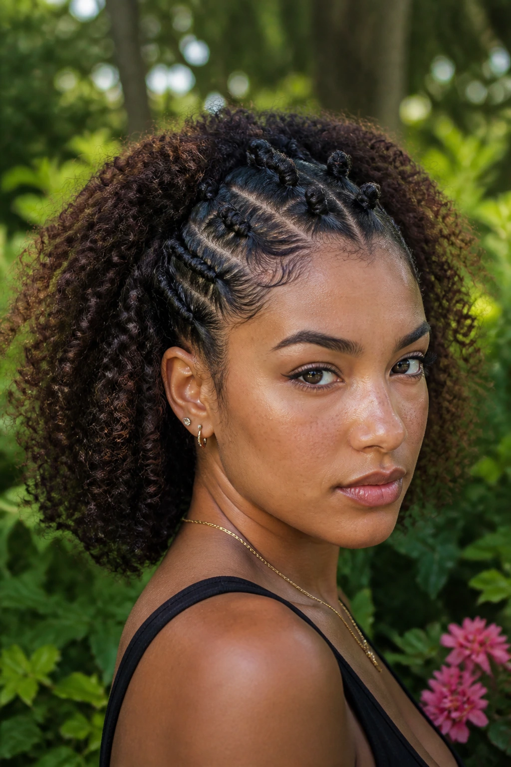 Real person with bantu knot accent hawk in a natural garden setting