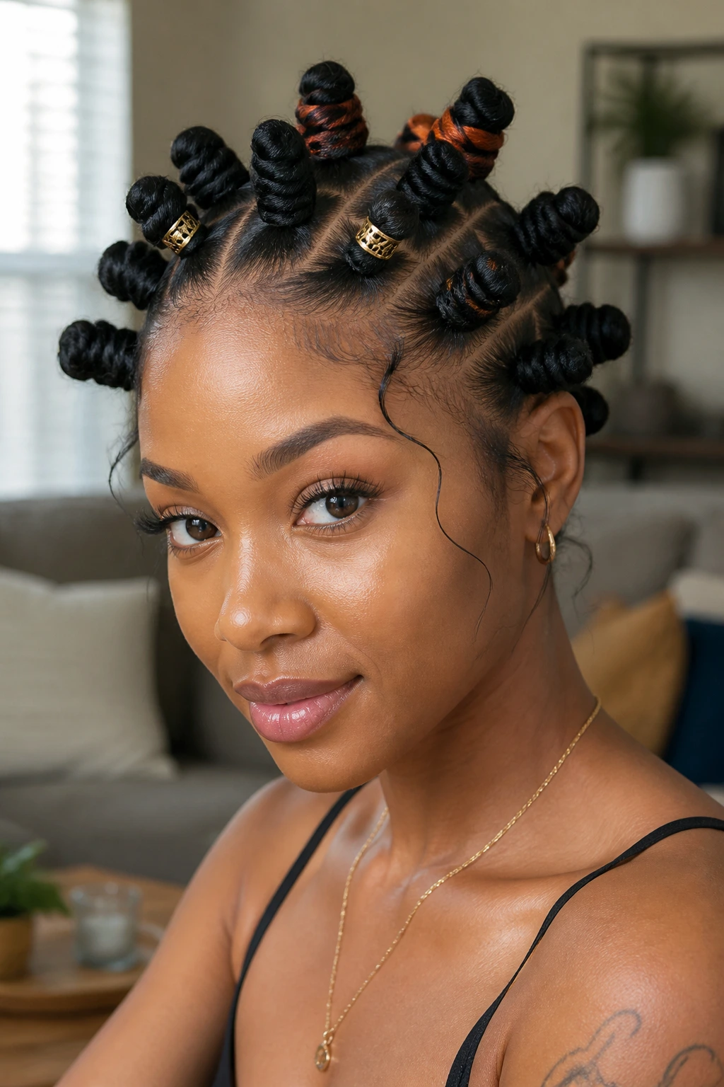 Close-up of a real woman with Bantu knots featuring glossy grid finish, face-framing sections, and metallic cuff accents