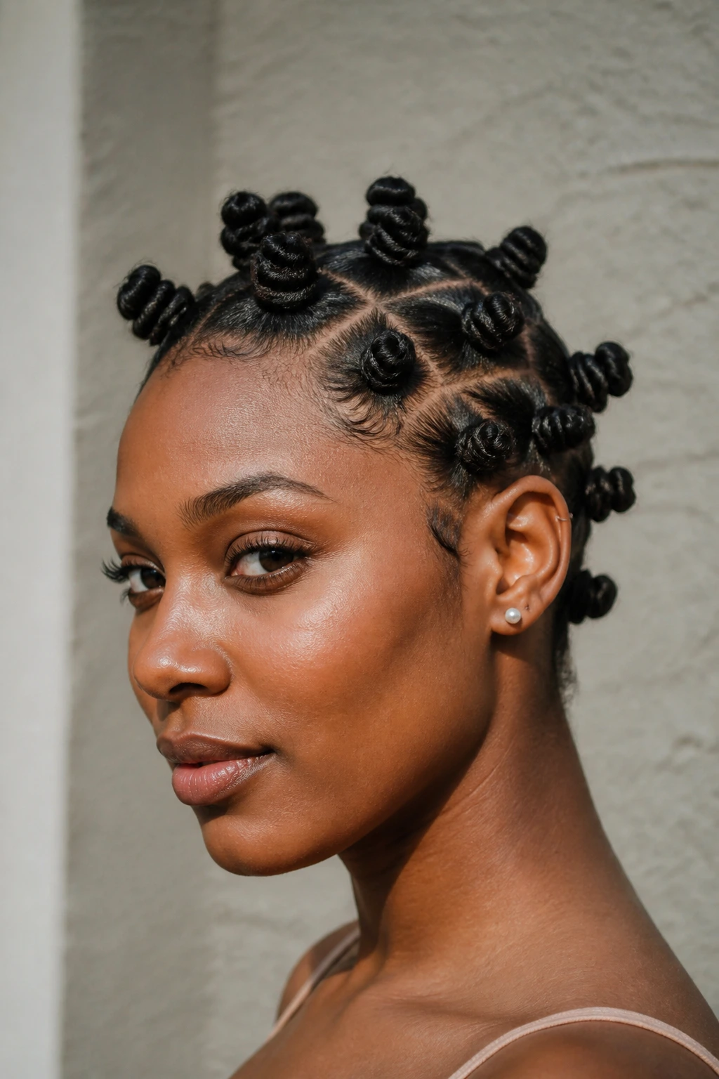 Close-up of a real woman with neat bantu knots all over the scalp