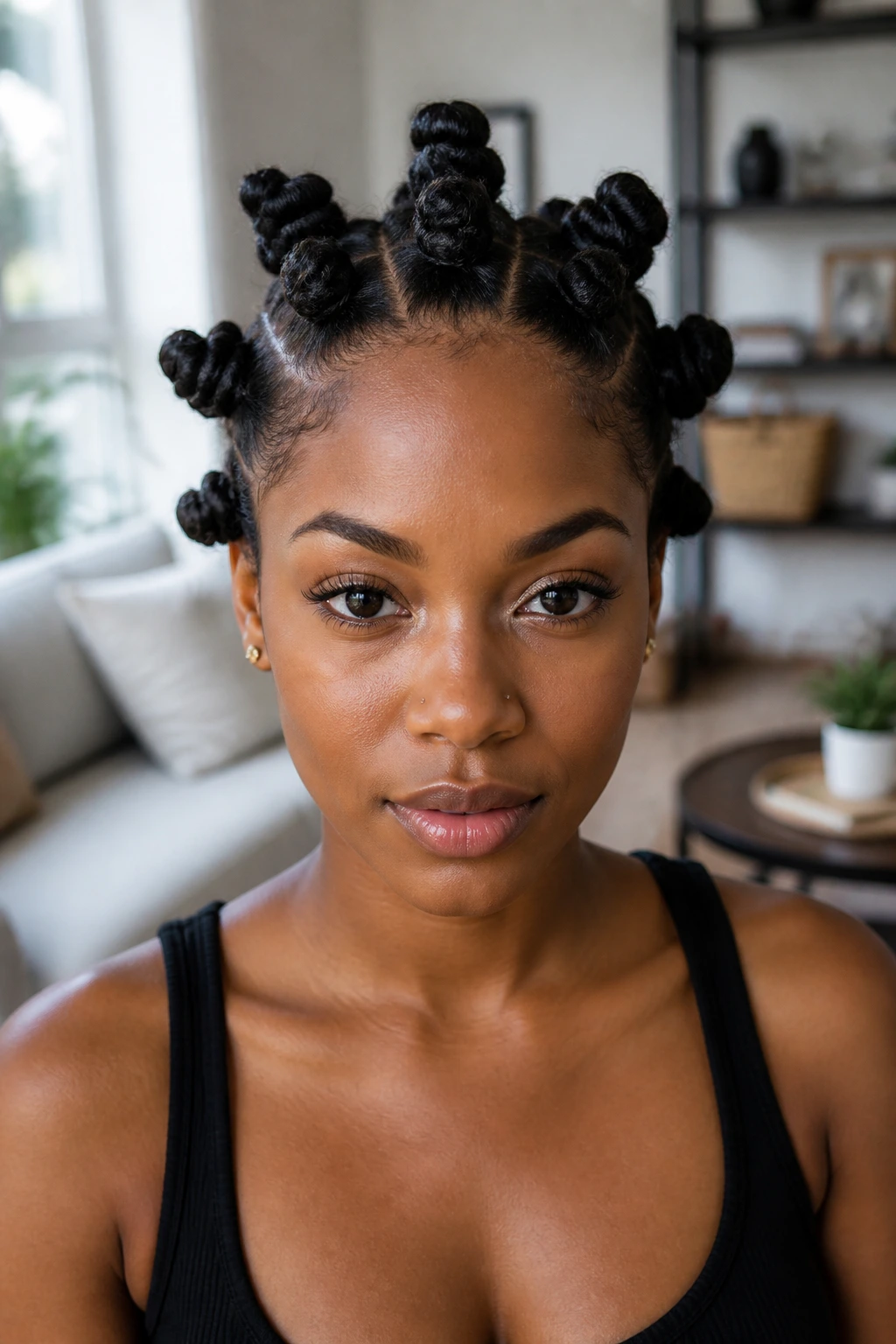Head-on portrait of a woman with evenly sized Bantu knots all over the scalp