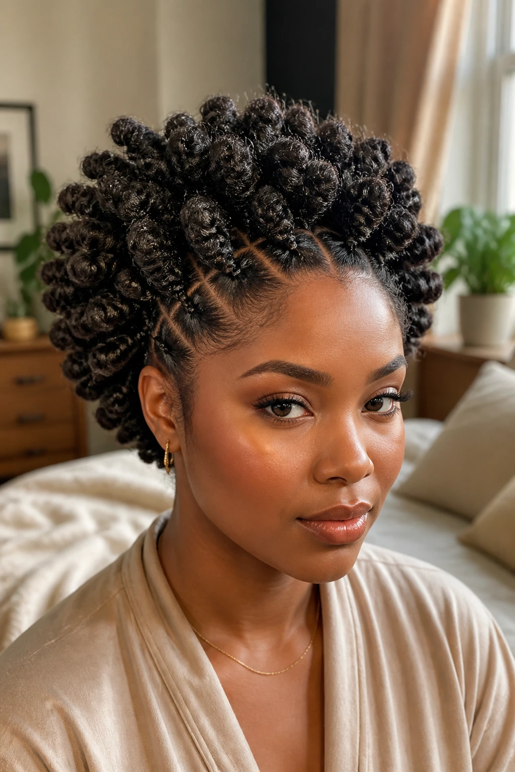 Close-up of a real woman's head with a dense Bantu knot halo of crinkled curls