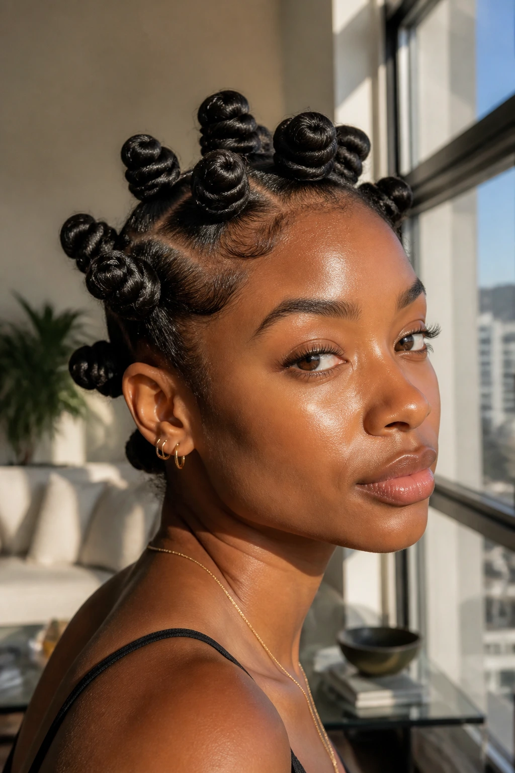 Close-up of Bantu knots across the head on a real person