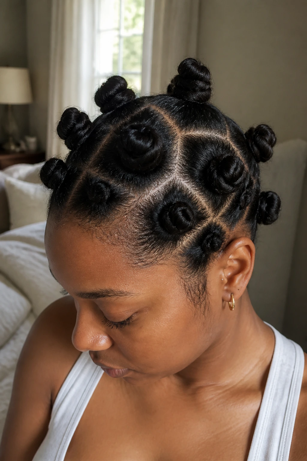 Close-up of real person with low-tension Bantu knots on crown in natural light