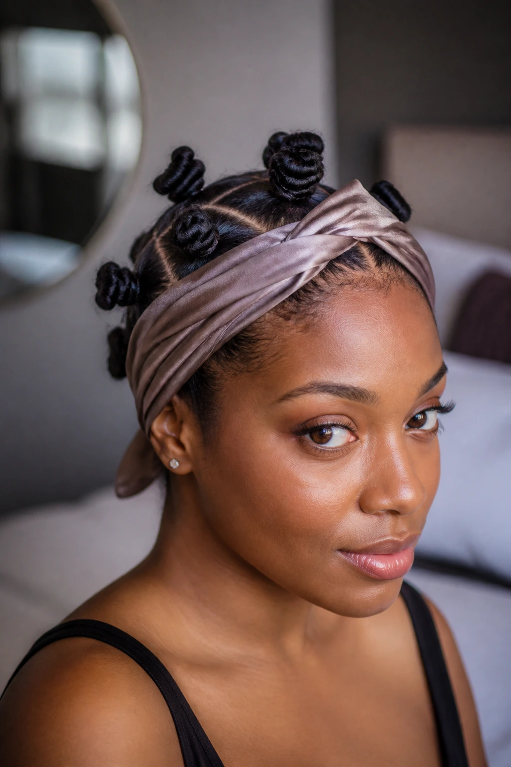 Real person with neat Bantu knots and satin scarf at night