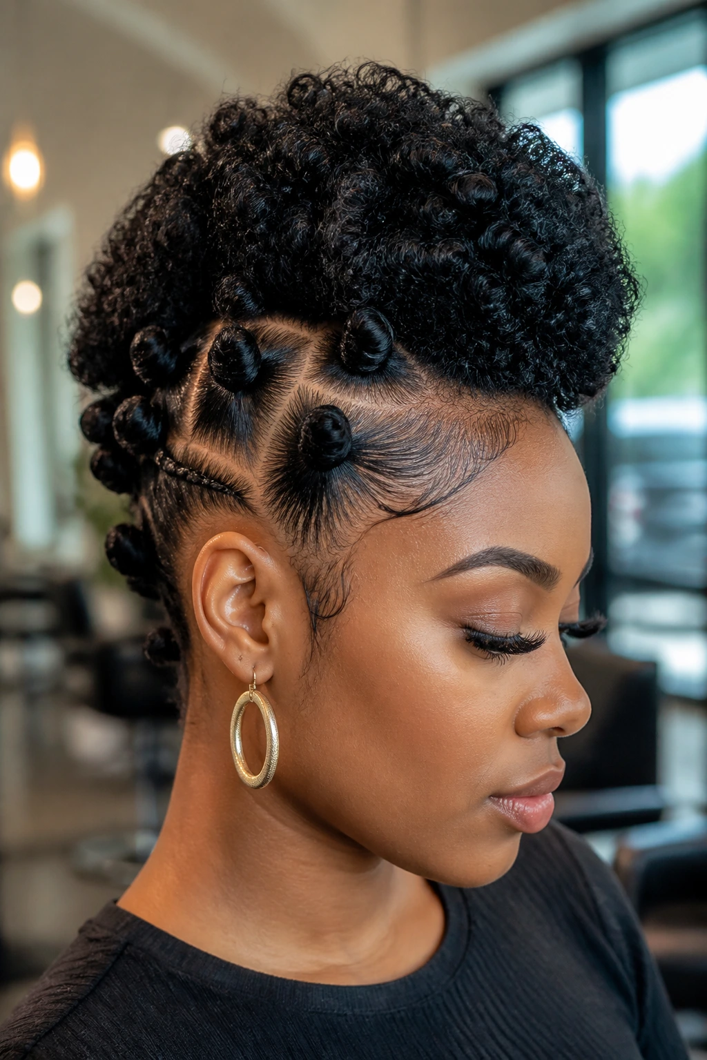 Close-up of a real woman's mohawk with Bantu knot accents