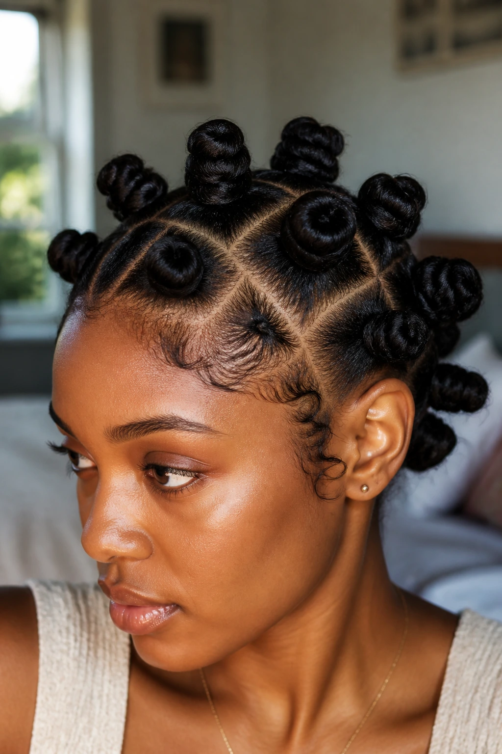 Close-up of a real person wearing wearable Bantu knot styles on natural hair.