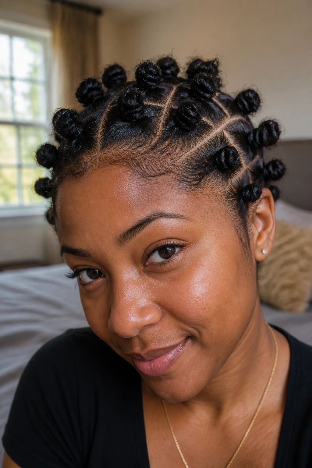 Close-up of real person with Bantu knots under warm window light