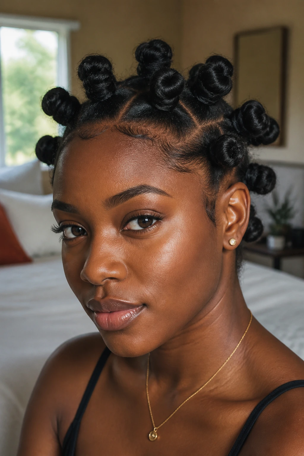 Close-up portrait of a real Black woman with neatly formed Bantu knots on her scalp.