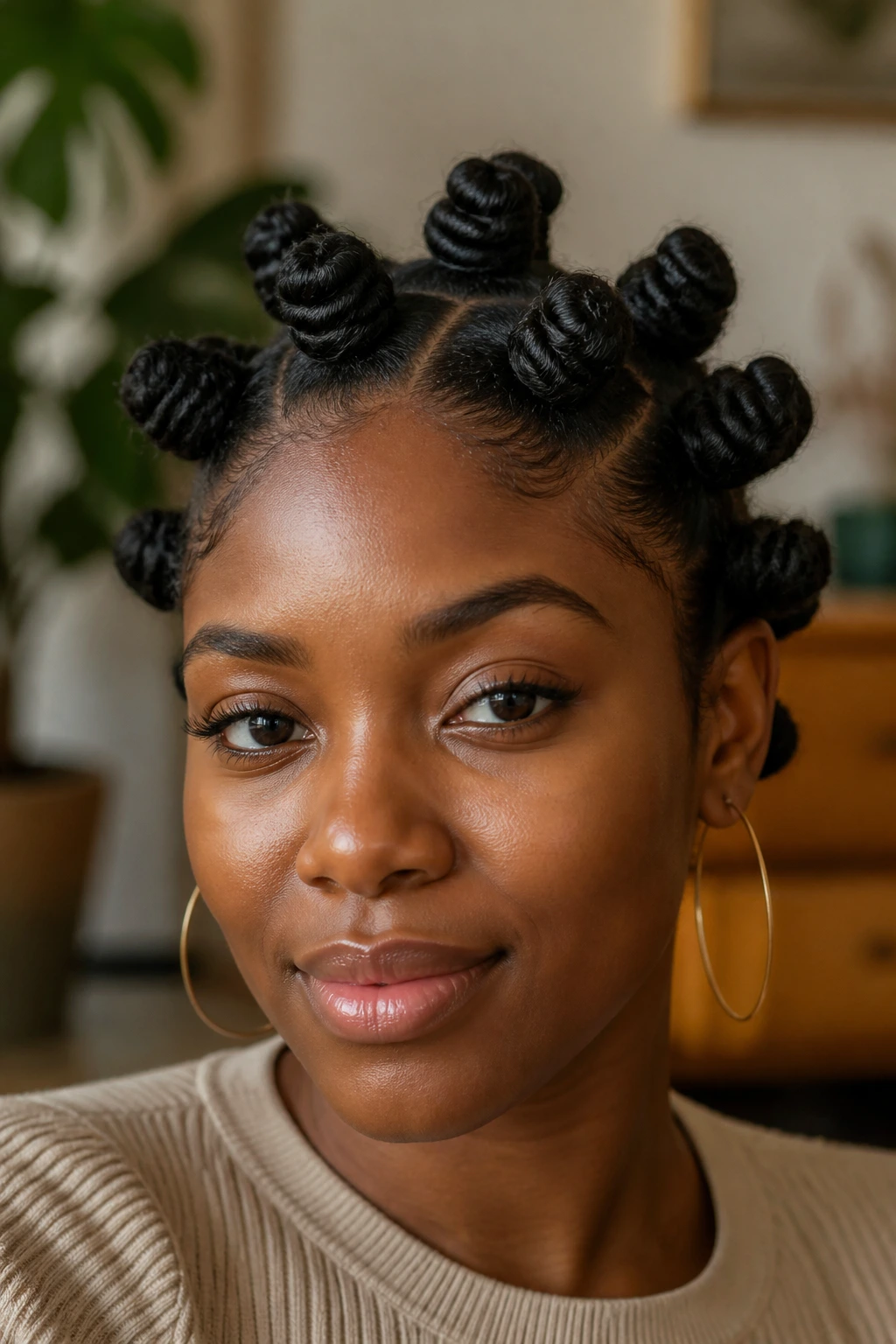 Real person with bantu knots hairstyle in a close-up portrait