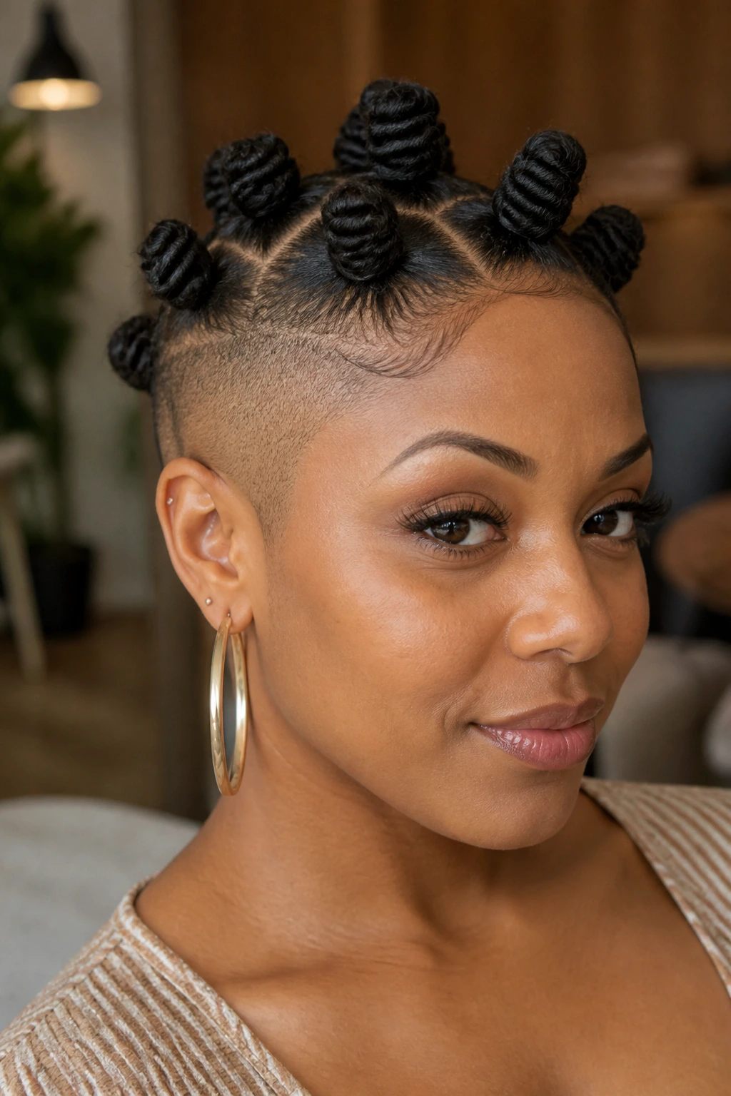 Close-up of a real Black woman with bantu knots and shaved side
