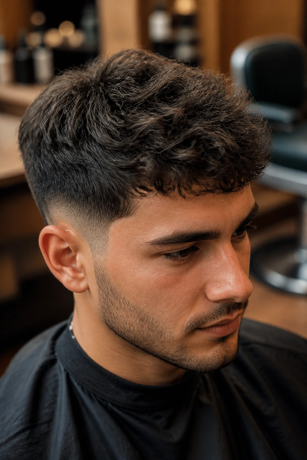 Close-up of a man with a clean textured crop in a barbershop setting